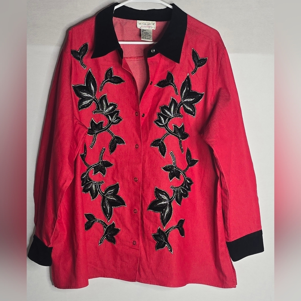 VICTOR COSTA OCCASION 1x Red Black Velvet Metallic Silver Beaded Snap LS Top VTG